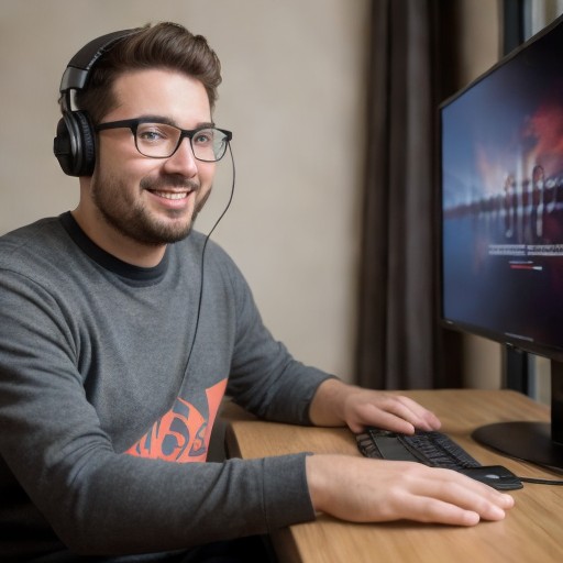 male PC gamer happy to be playing games, in game, distracted by camera, hyperrealistic, 8k, Medium Full Shot, deep camera focus, taken using 28mm portrait lens